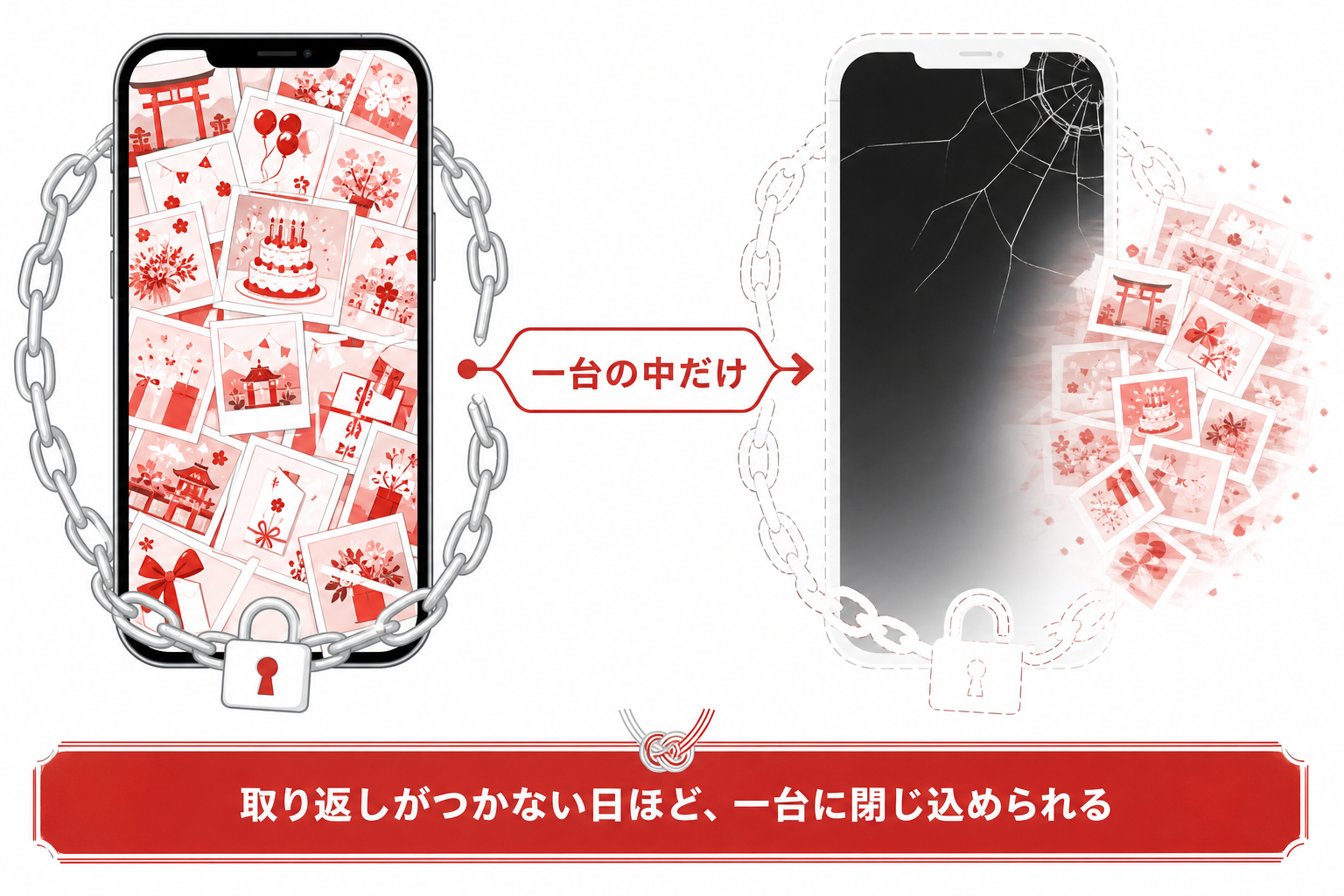 祝いの写真が一台のスマホに閉じ込められている状態を示す図