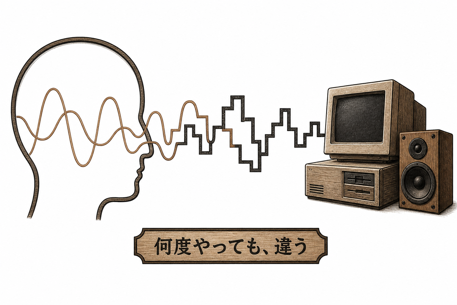 頭の中で鳴っている曲と機械から出てくる音がずれている様子の図