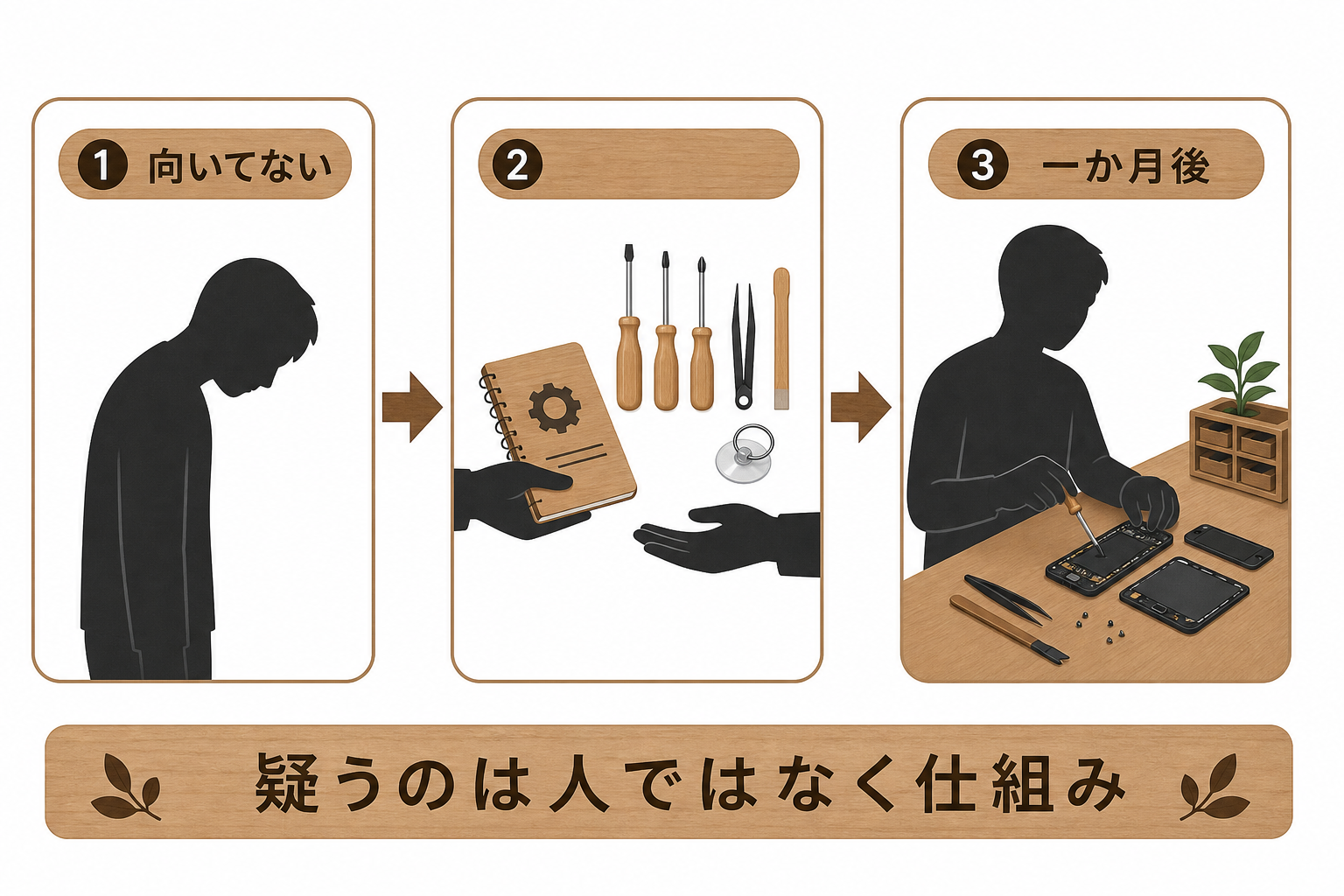 手順書と道具が揃うと新人が回せるようになる流れの図