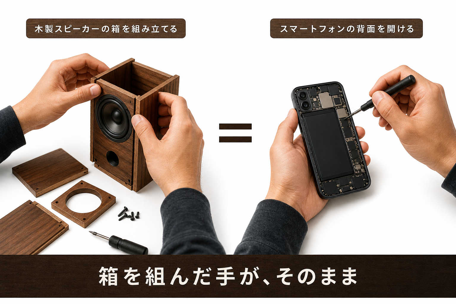 スピーカーを組んだ手がそのままスマホを開ける手になったことを示す図