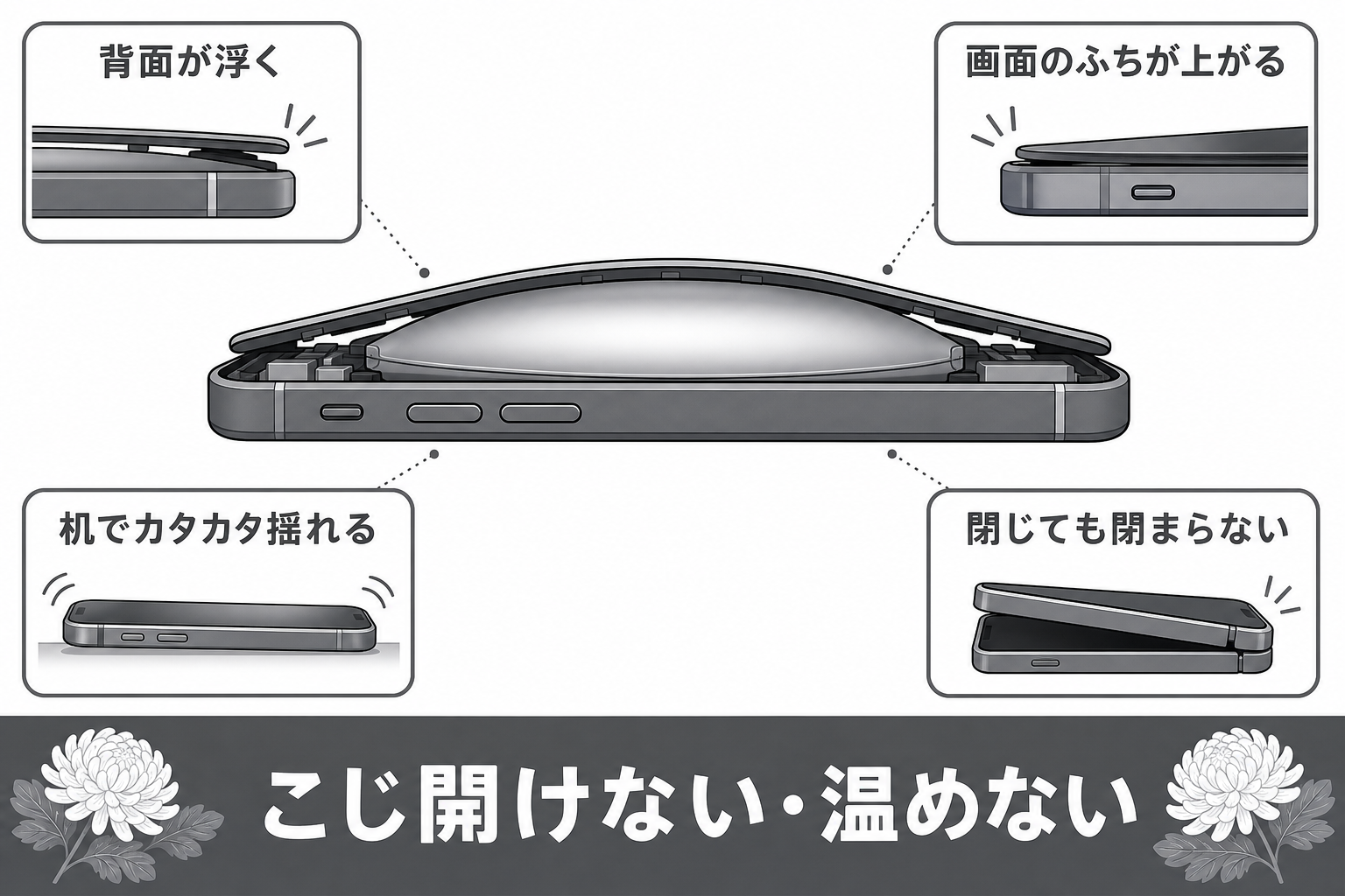 電池が膨らんだ端末の見分け方を示す図