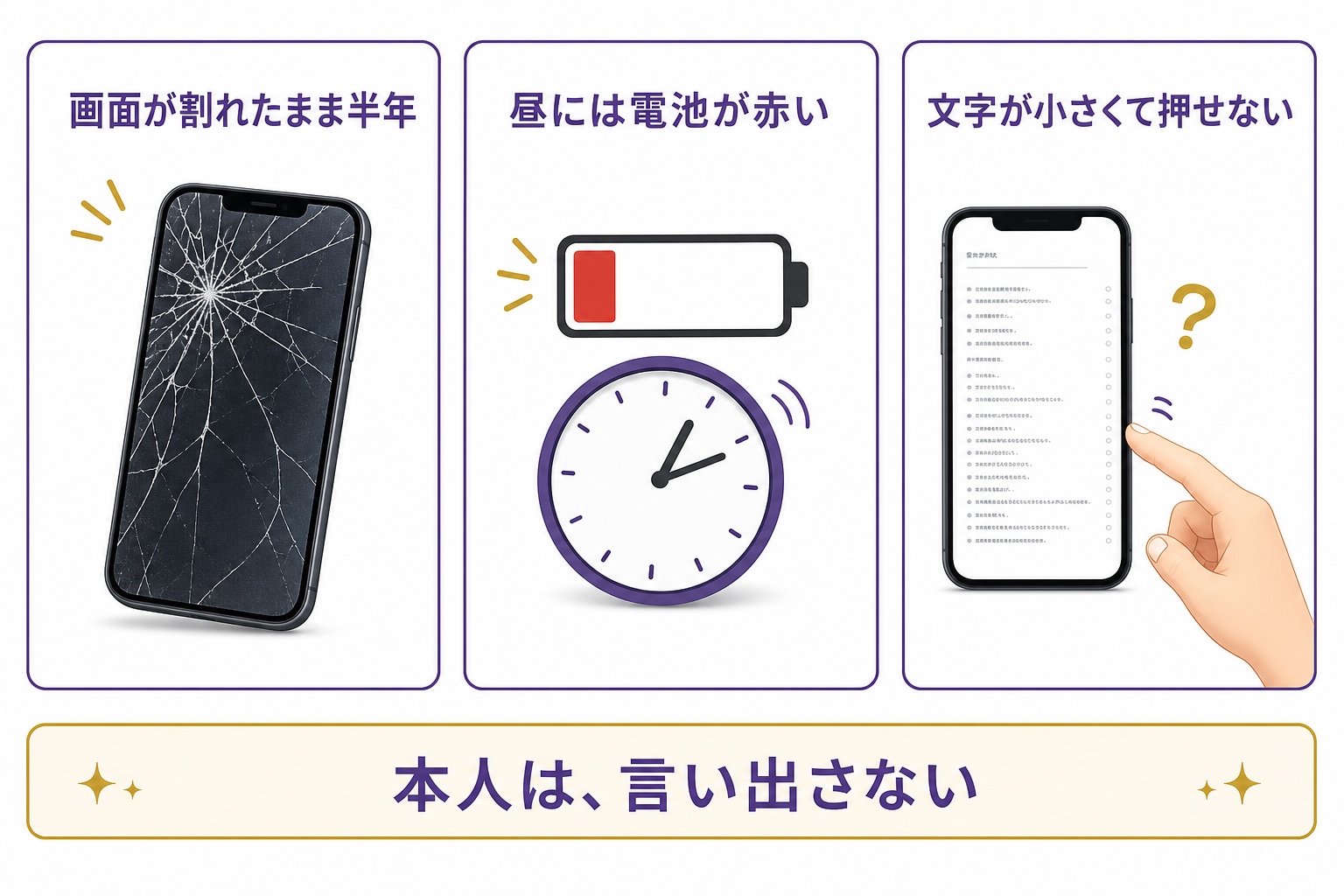 おじぃおばぁのスマホに多い3つの状態を示す図解