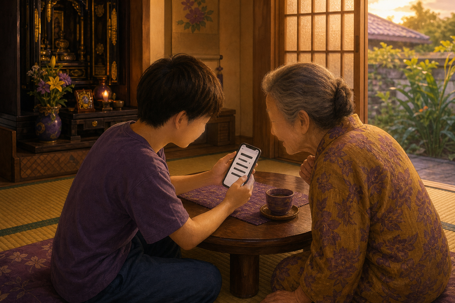 孫が祖母のスマホの文字サイズを設定してあげている場面