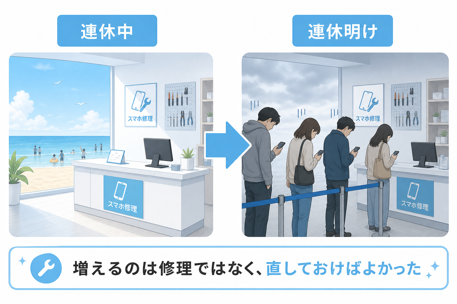 連休中と連休明けで来店数が逆転することを示す図