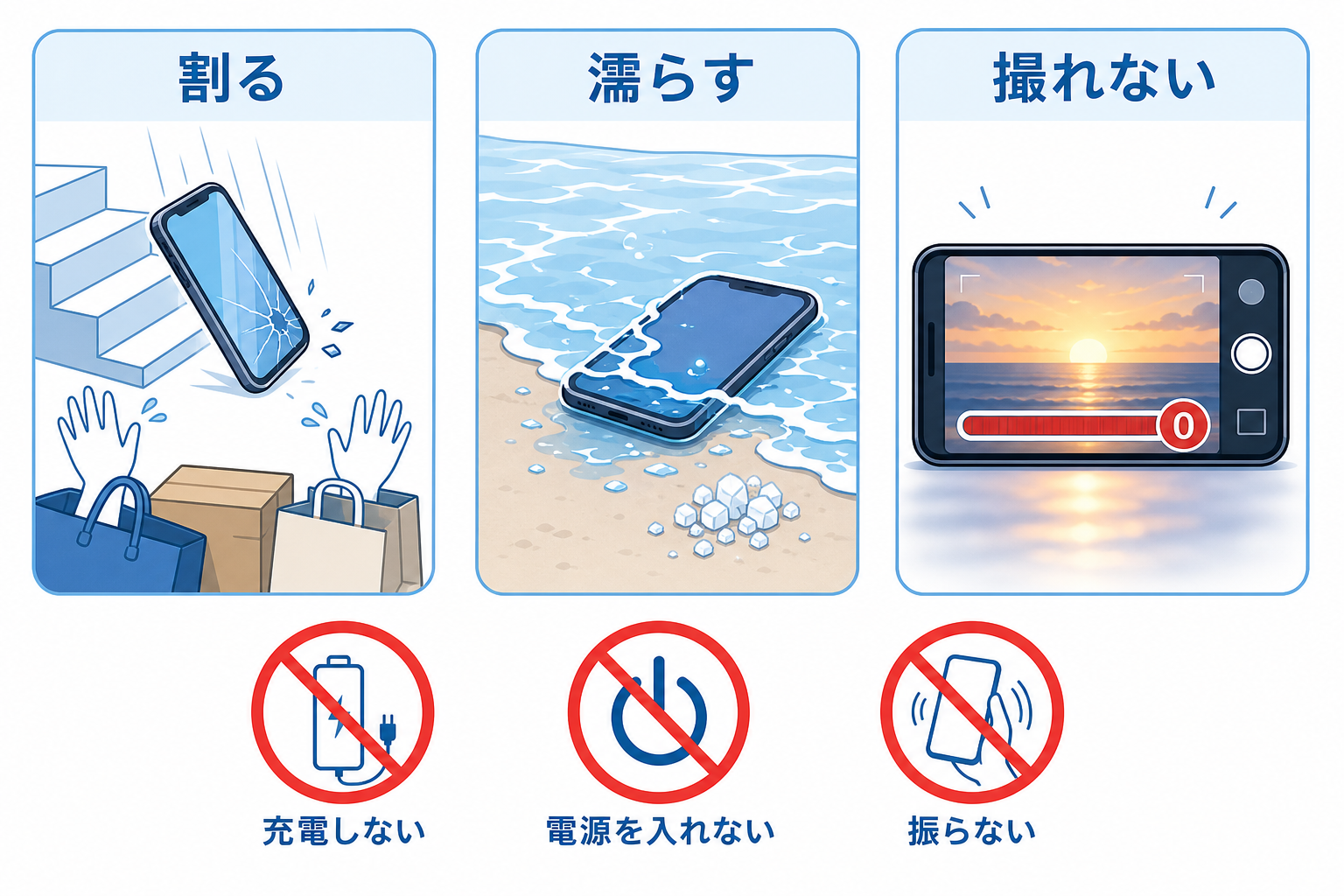 旅先で起きる三大事故 割る・濡らす・撮れないを示す図解