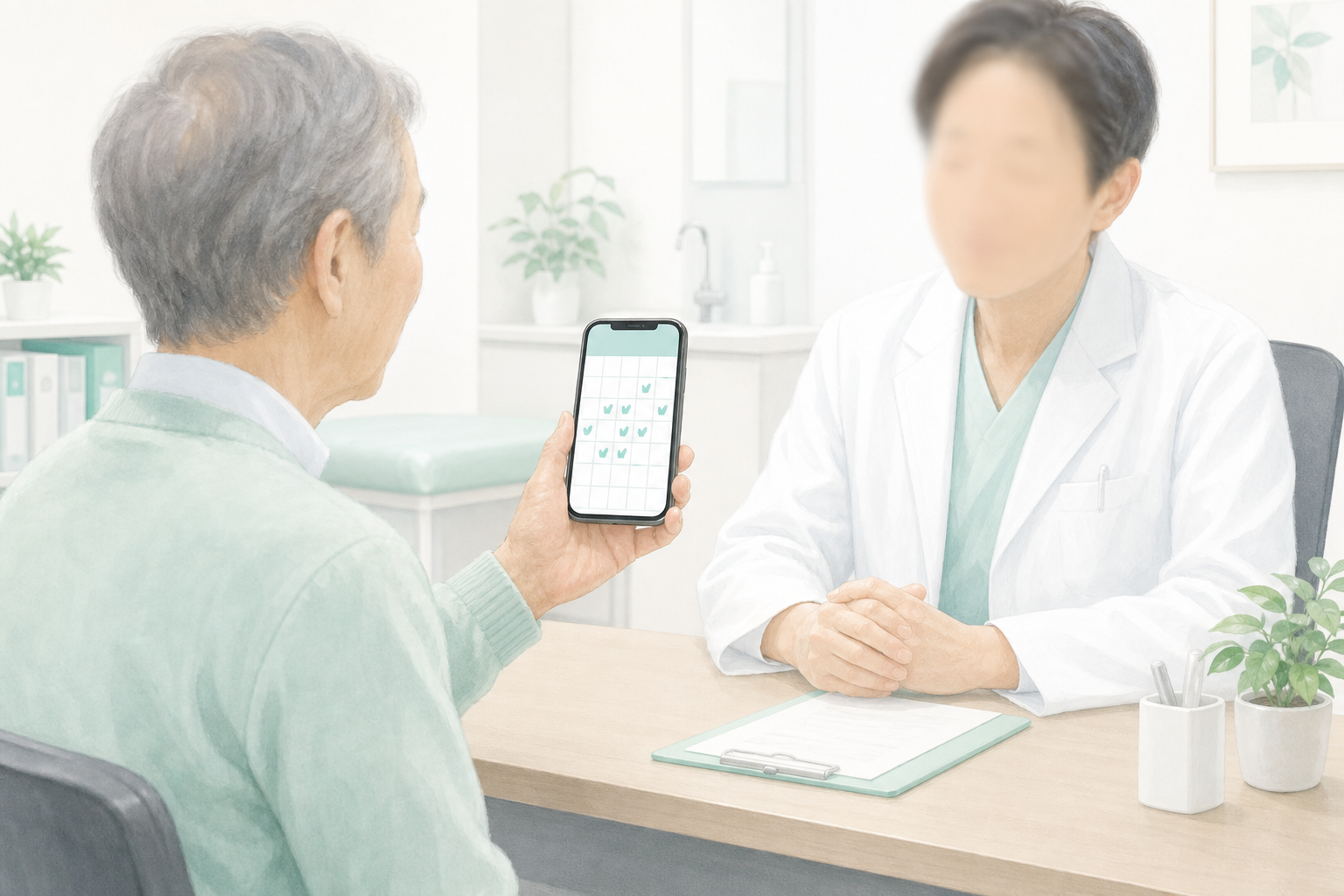 服薬カレンダーを診察室で医師に見せている情景