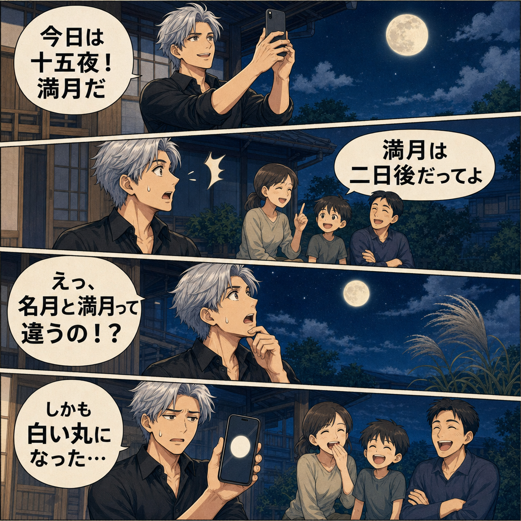 十五夜と満月が2日ずれることに驚く4コマ漫画