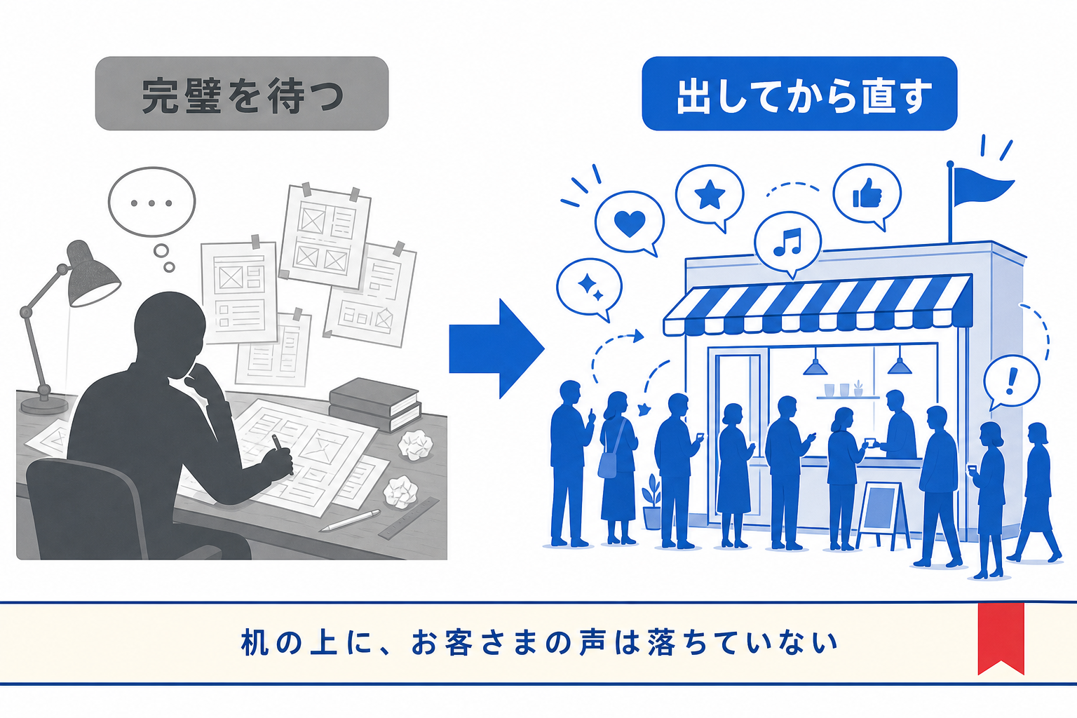完璧を待つ側と出してから直す側を比べた対比図