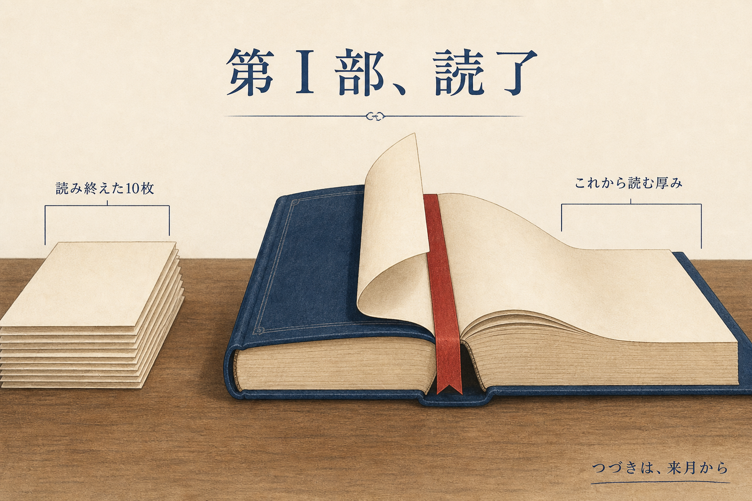 第Ⅰ部を読み終えて第Ⅱ部へ進むことを示す本と栞の図