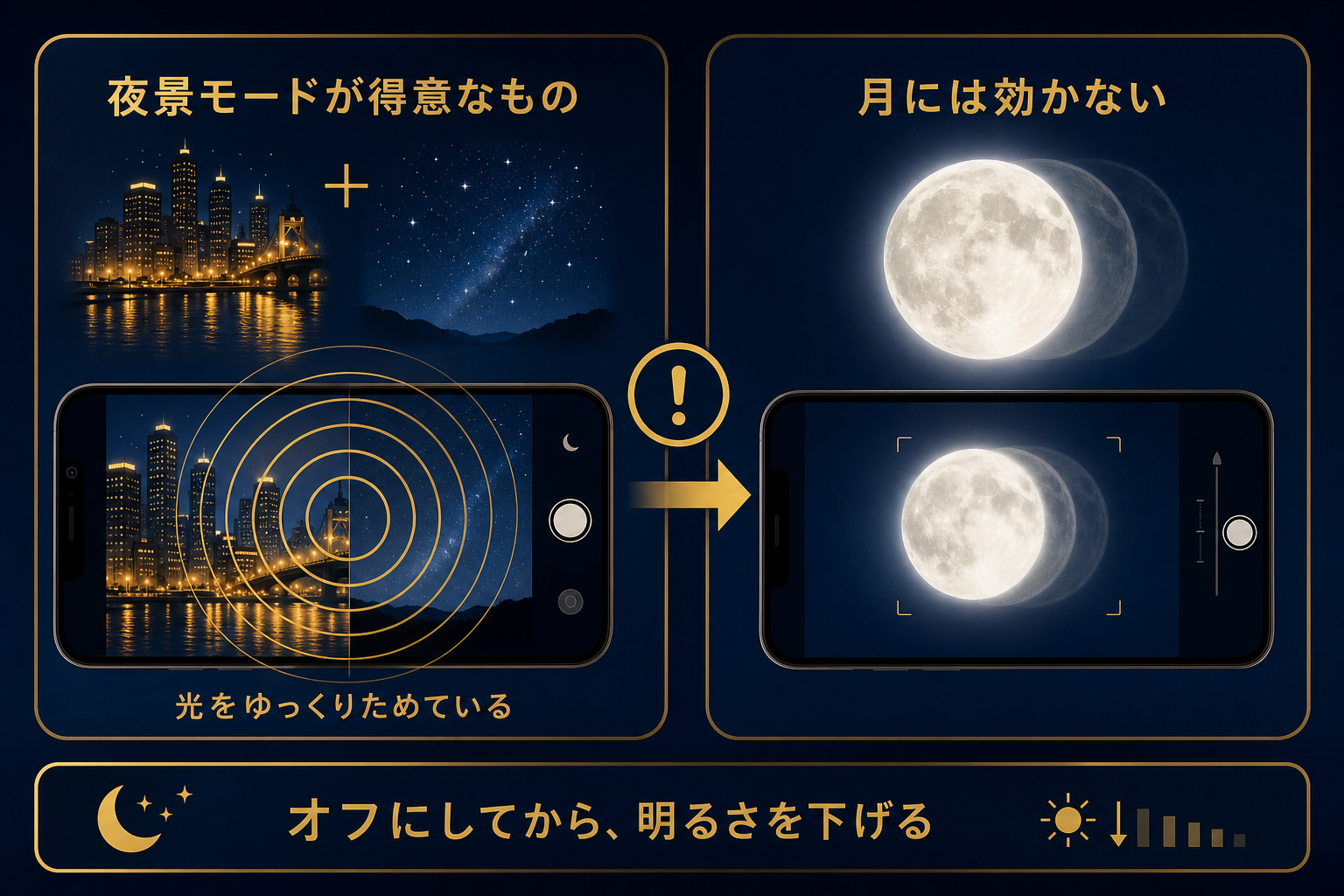 夜景モードが月には向かない理由を示す図