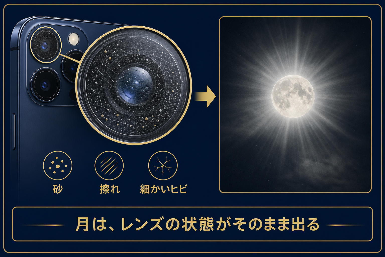 カメラのカバーガラスの傷やくもりで月の光が滲む様子の図