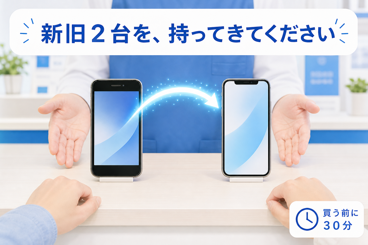 新旧2台をカウンターに並べて一緒に移行を進める様子の図