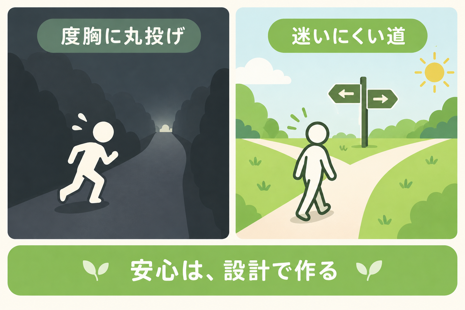 道筋を示さず度胸に任せる道と、標識のある道を比べた図