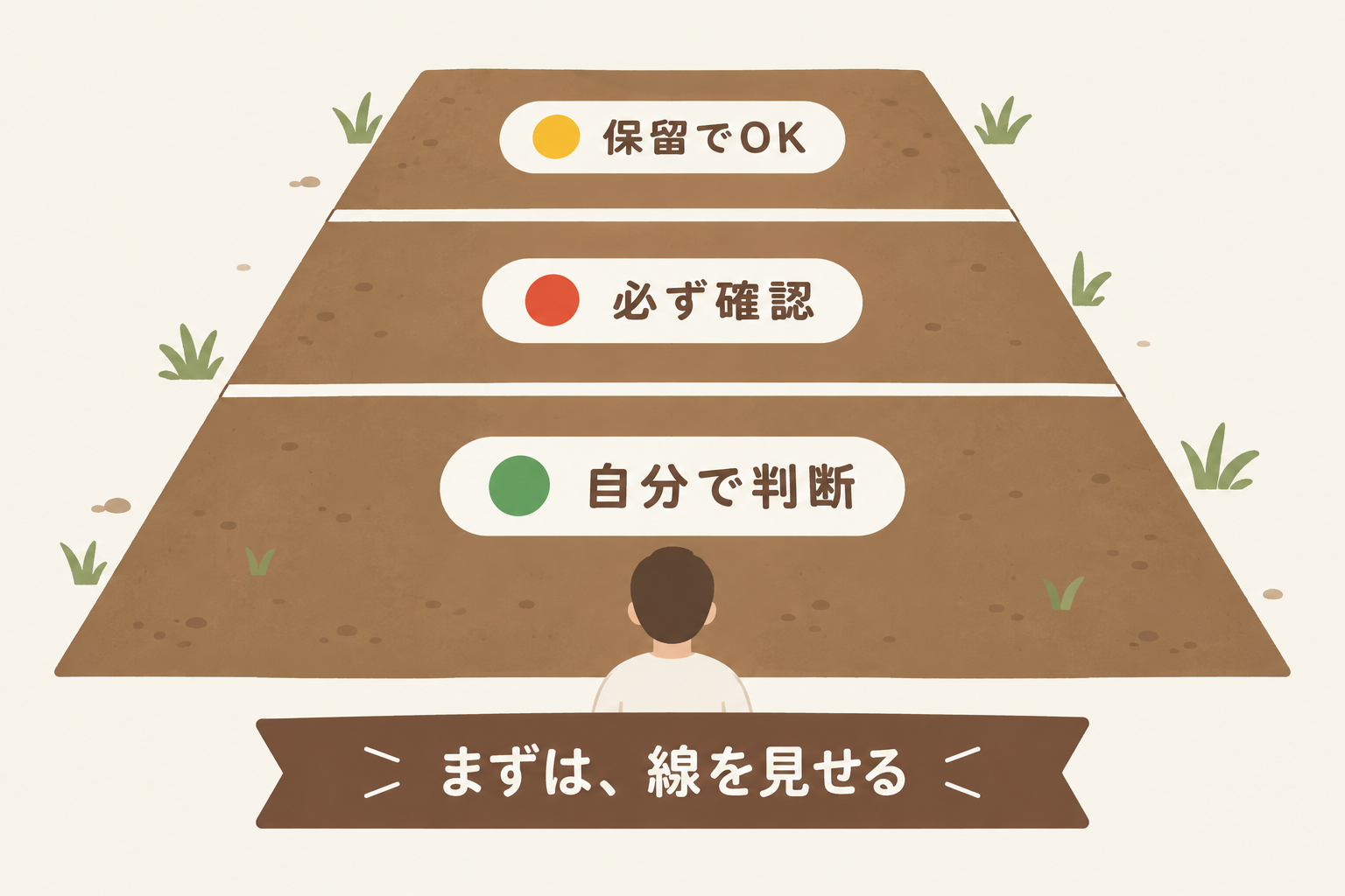 地面に三本のラインを引いて動ける範囲を示す図