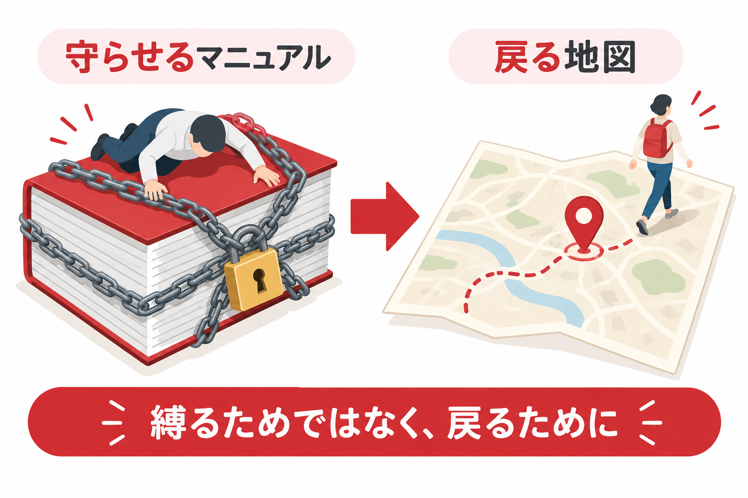 守らせるマニュアルと戻る地図の違いを示す対比図