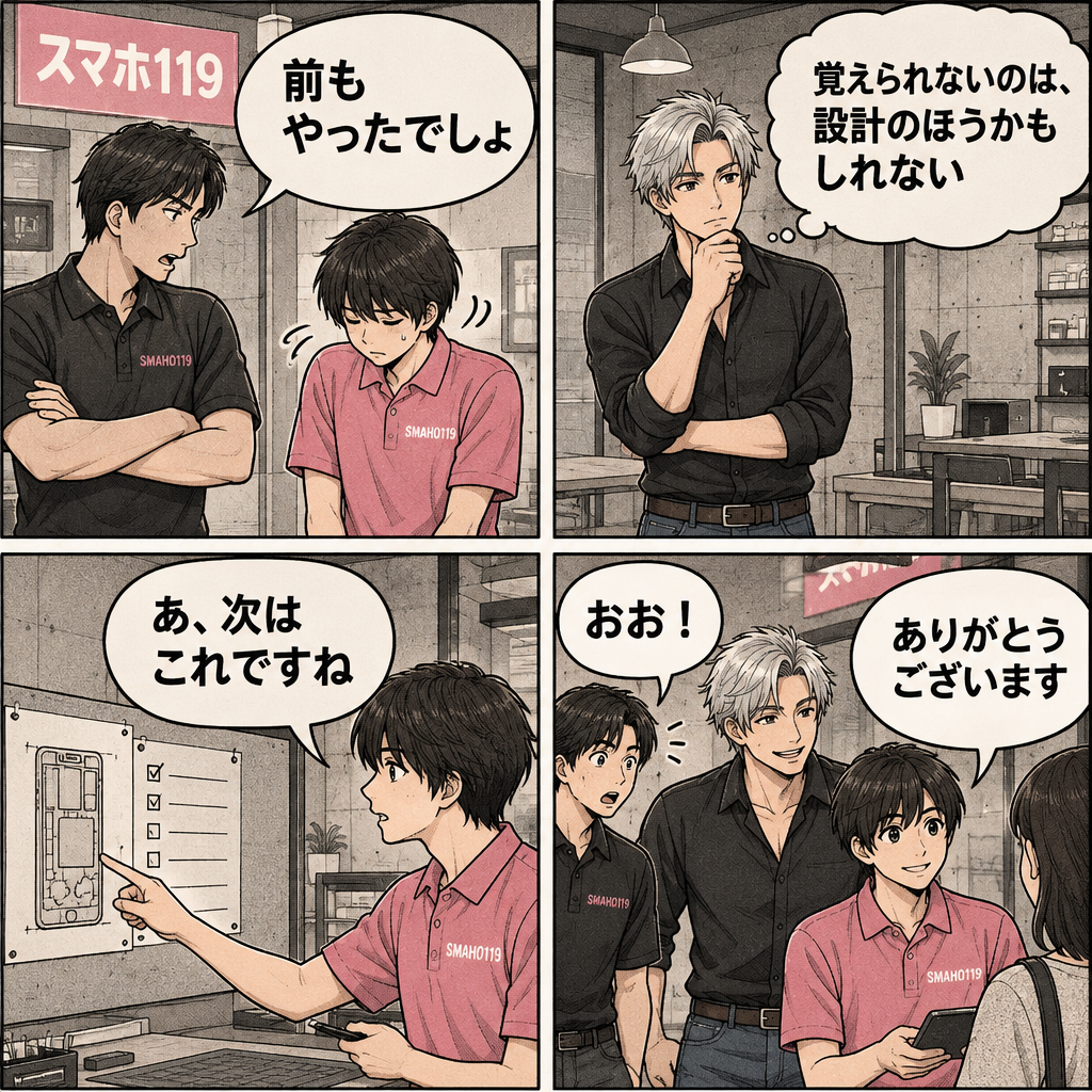 覚えさせるのをやめて、図を横に置く店主の4コマ漫画