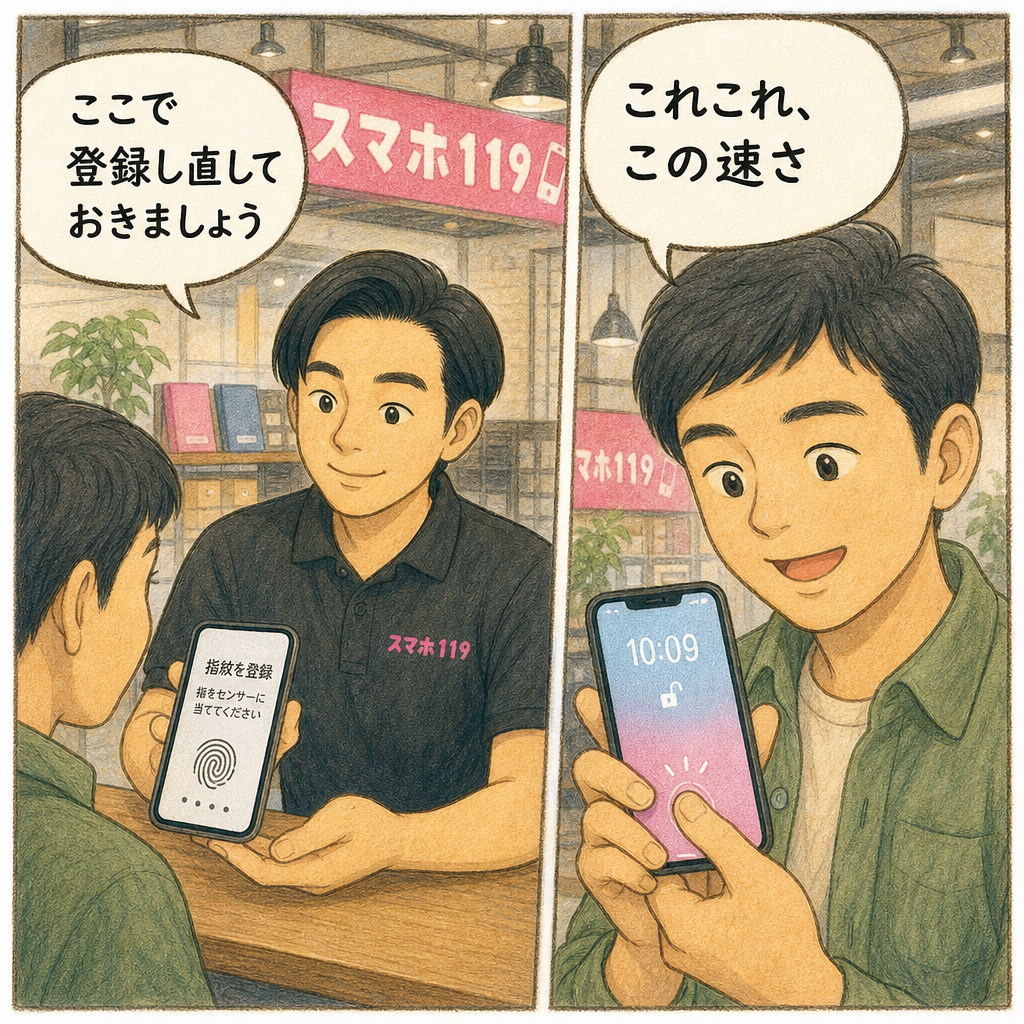 うるま市のスマホ119石川店で画面を交換し指紋認証も確認