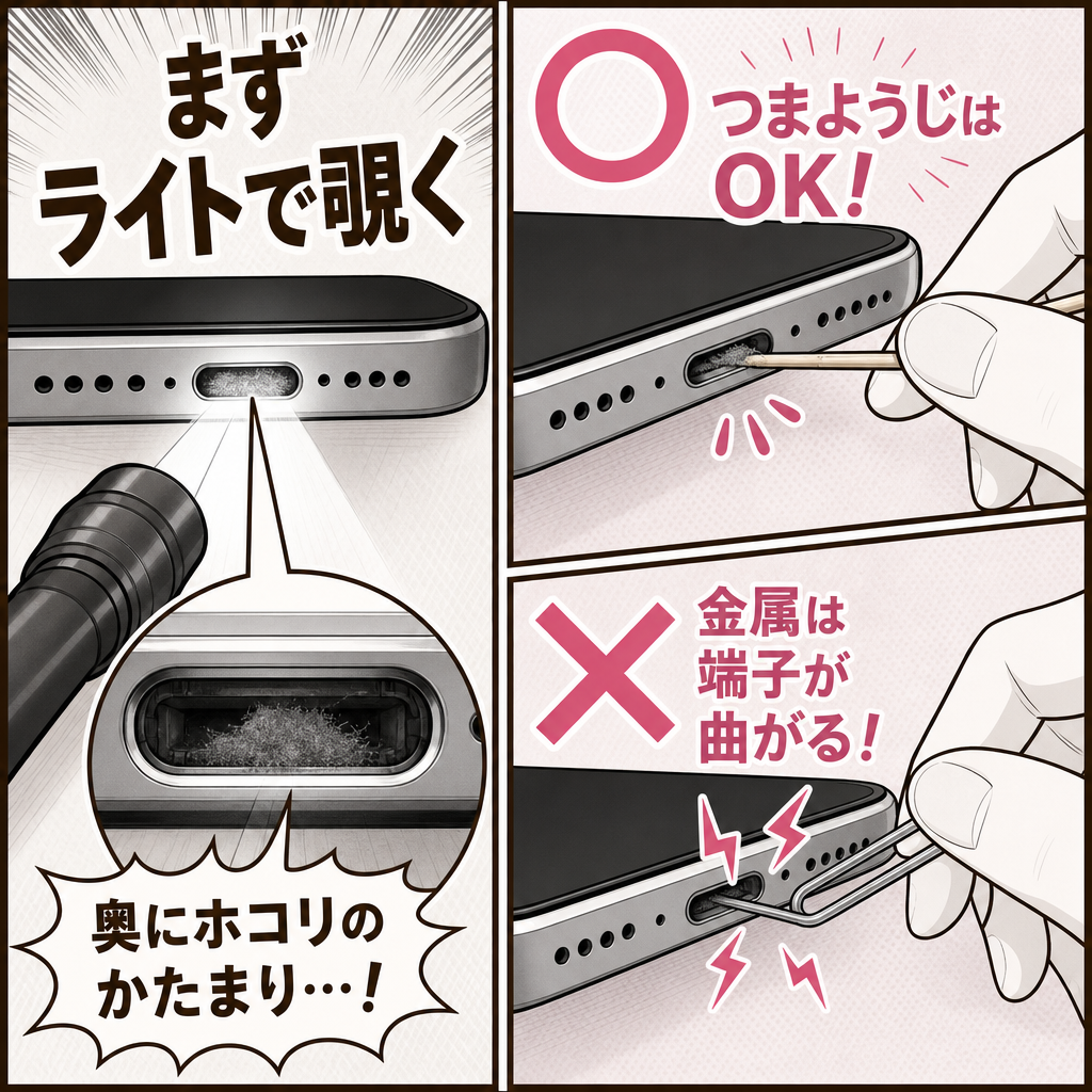 充電口に詰まったホコリの正しい取り方と危険な方法