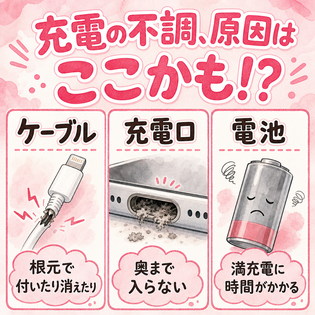 充電できない原因はケーブル・充電口・電池の3つに分かれる図解