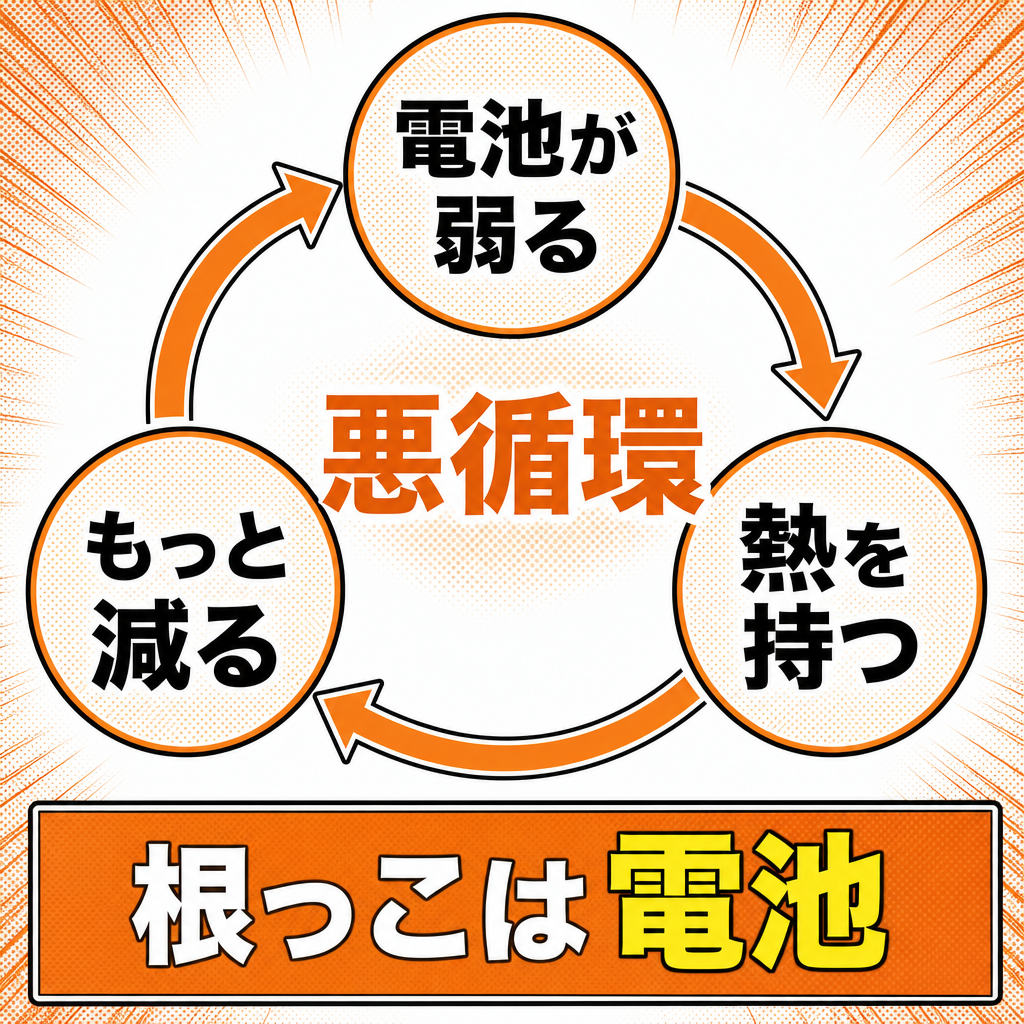 重い・熱い・電池が減るの三つがつながっている仕組みの図解