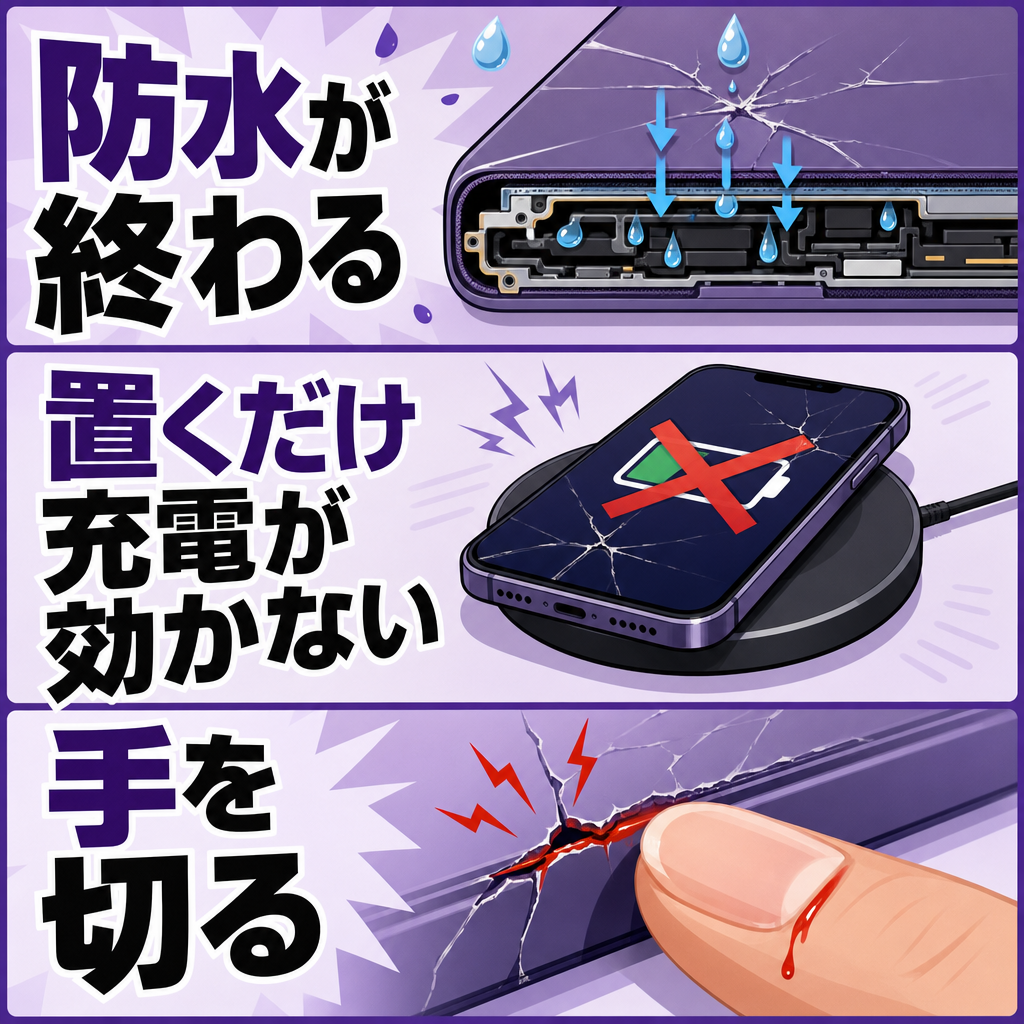 背面ガラスが割れると防水とワイヤレス充電が使えなくなる説明