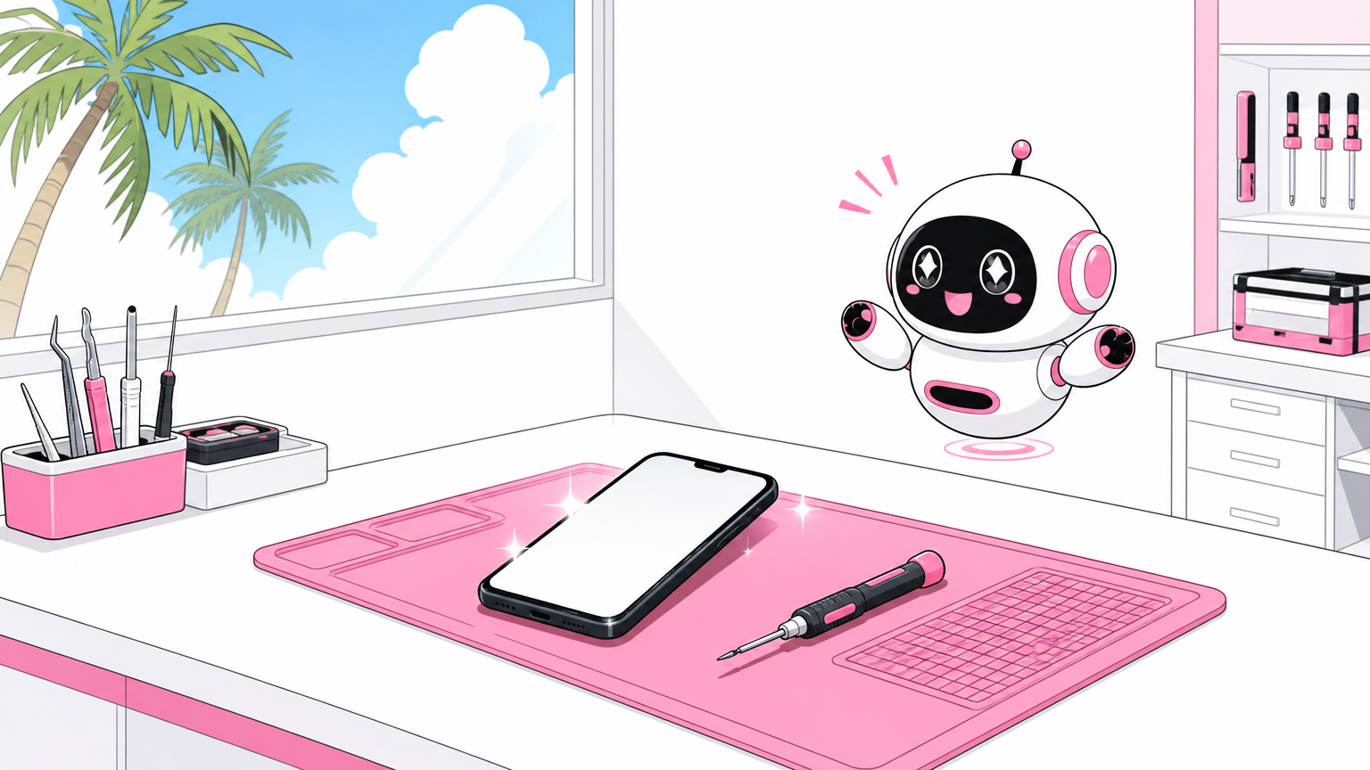 経営理念「全てのお客様の満足のために、全力をつくす」をあらわすスマホ119のイラスト