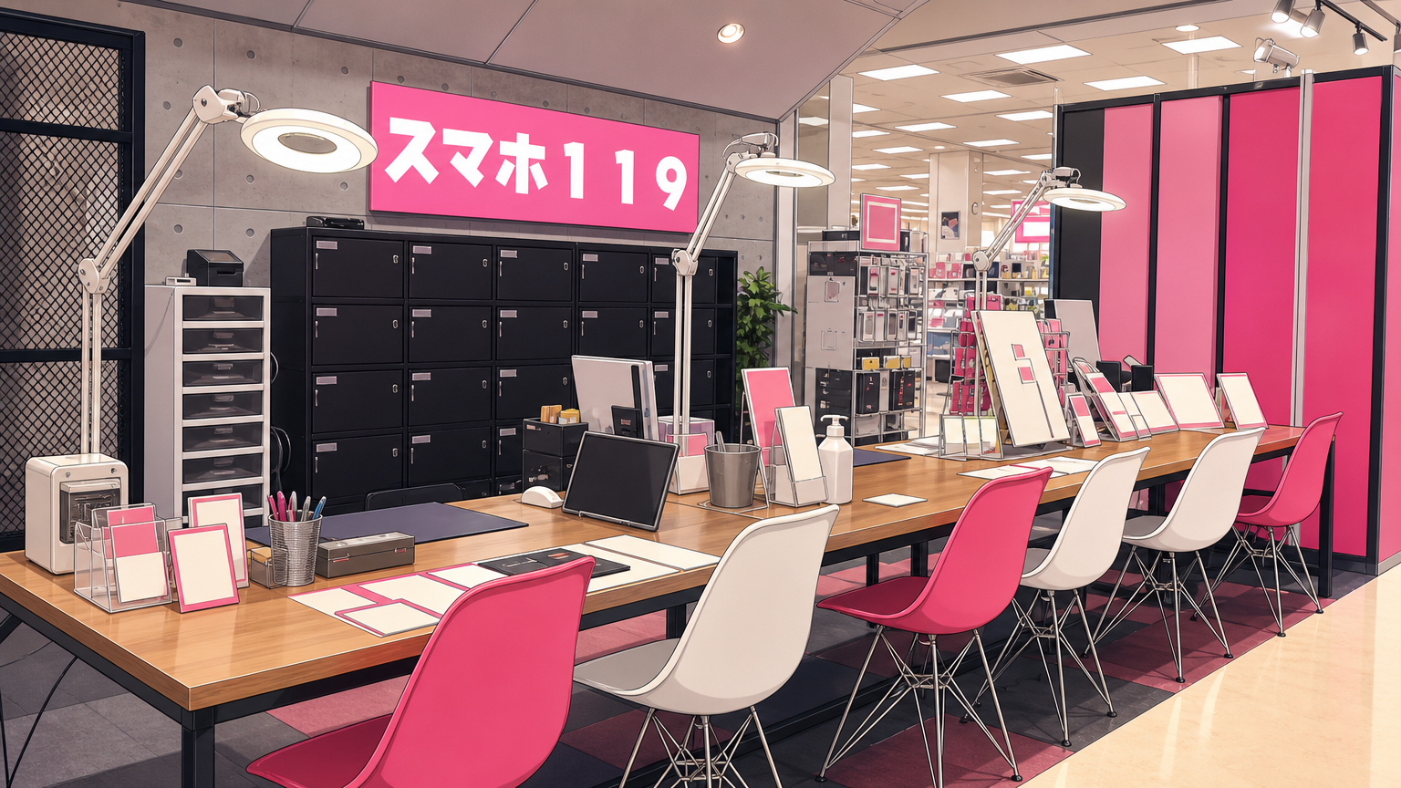 スマホ１１９ １２号店・イオン名護店の店舗イラスト（実際の店舗写真を元に作成）