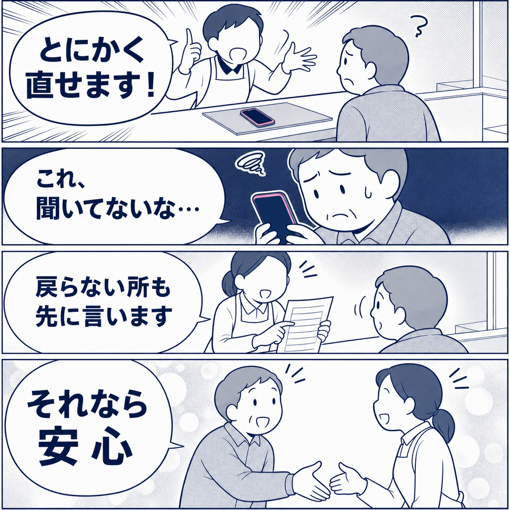 説明の順番を決めていない店と決めている店の違いを描いた4コマ漫画