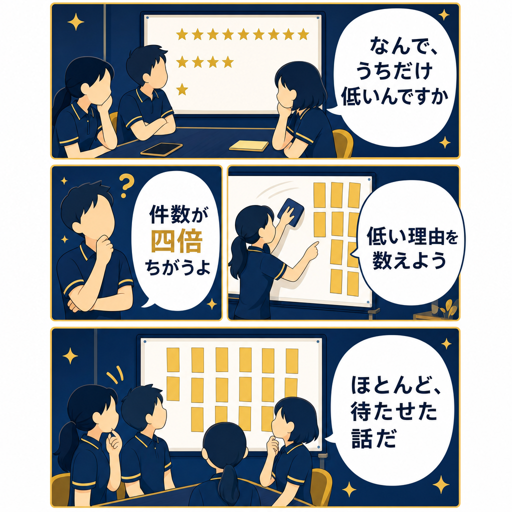 星の平均を並べて悩む場面から、低い評価の理由を数える会議に切り替わる4コマ漫画