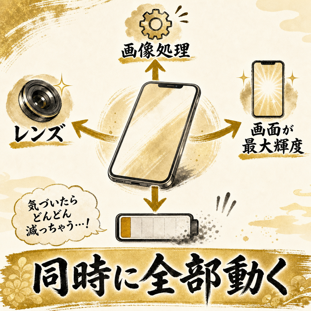 カメラ撮影が電池を消耗させる仕組みの図解