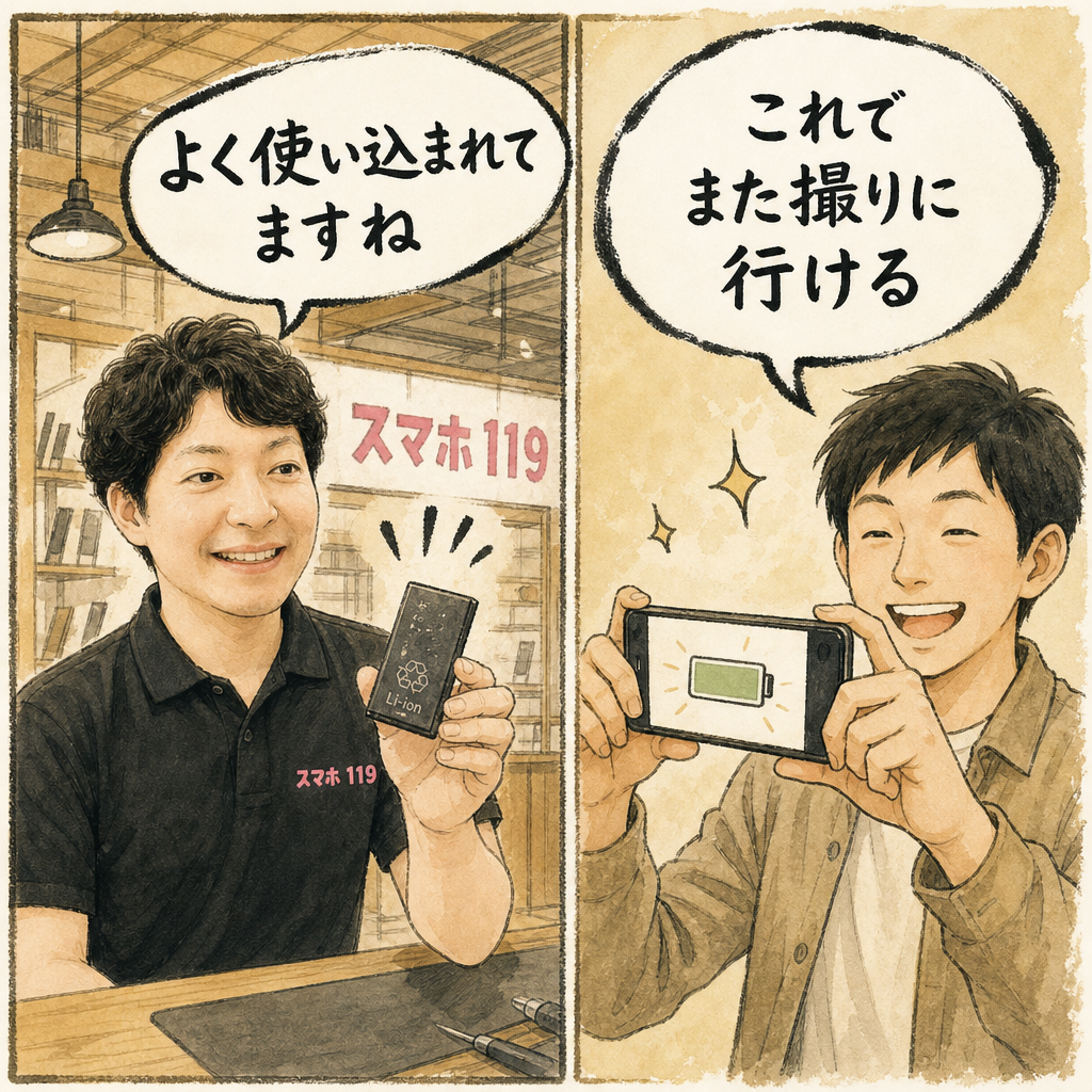 名護市のスマホ119イオン名護店で電池交換をして撮影に戻る様子