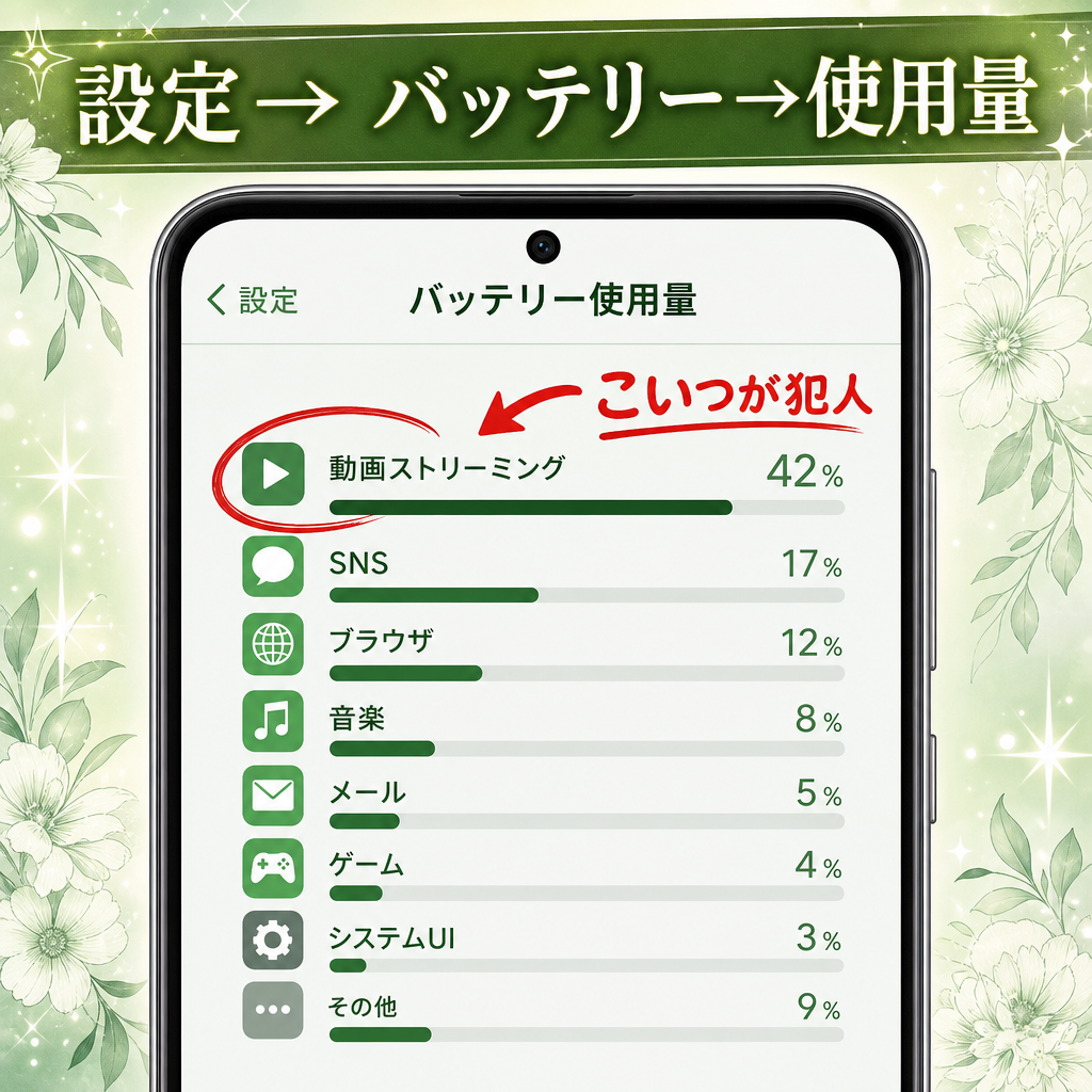 設定のバッテリー使用量から電池を消費しているアプリを探す方法