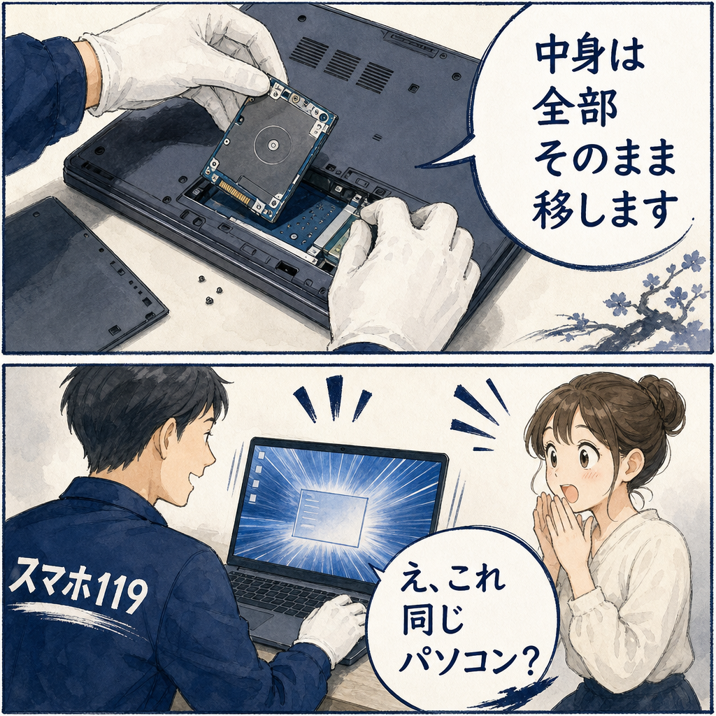 沖縄のスマホ119でパソコンの中身をSSDへ移す作業