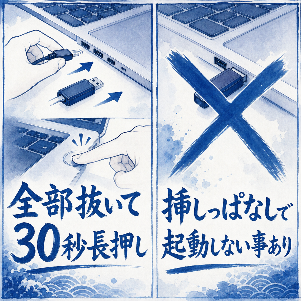 起動しない時に試す放電と周辺機器の取り外し