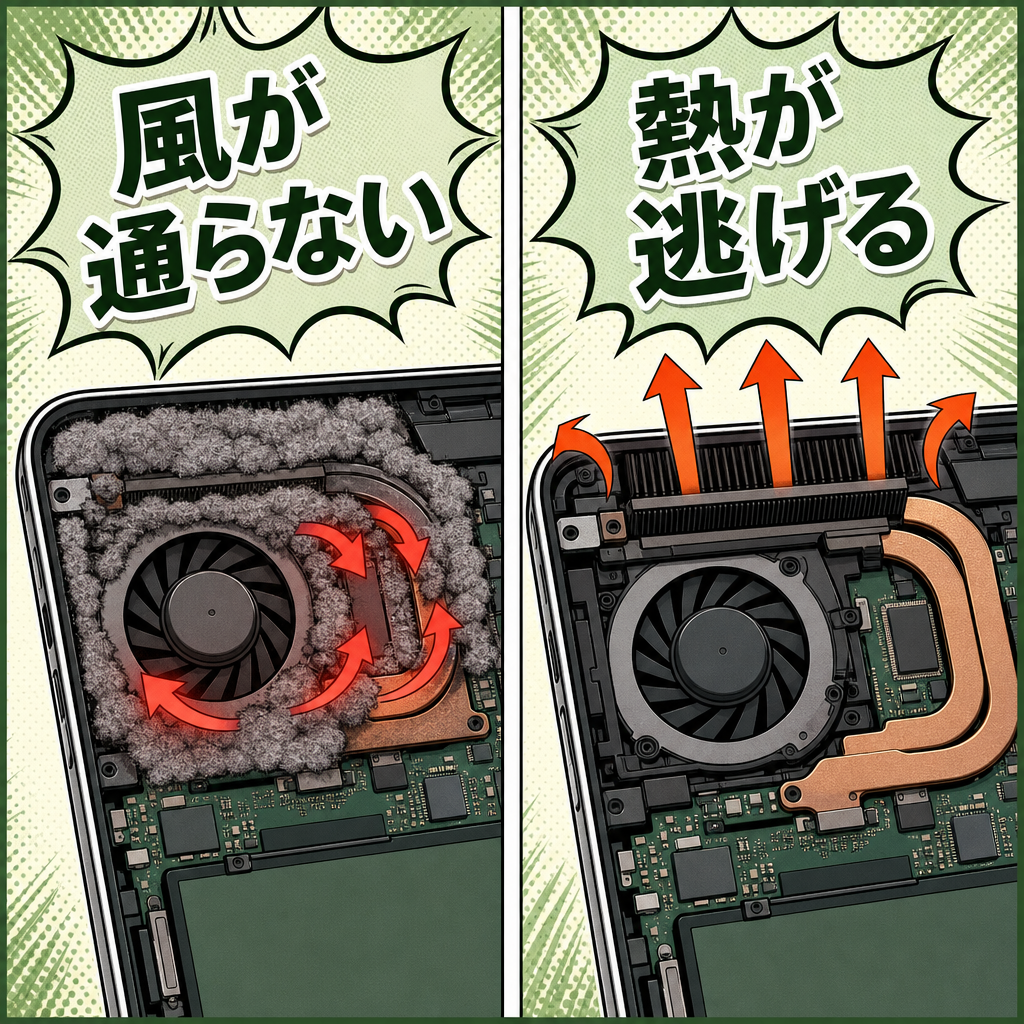 ホコリで通風路がふさがり熱が逃げない仕組みの図解