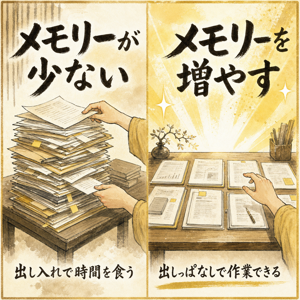 メモリーを作業机の広さに例えた図解