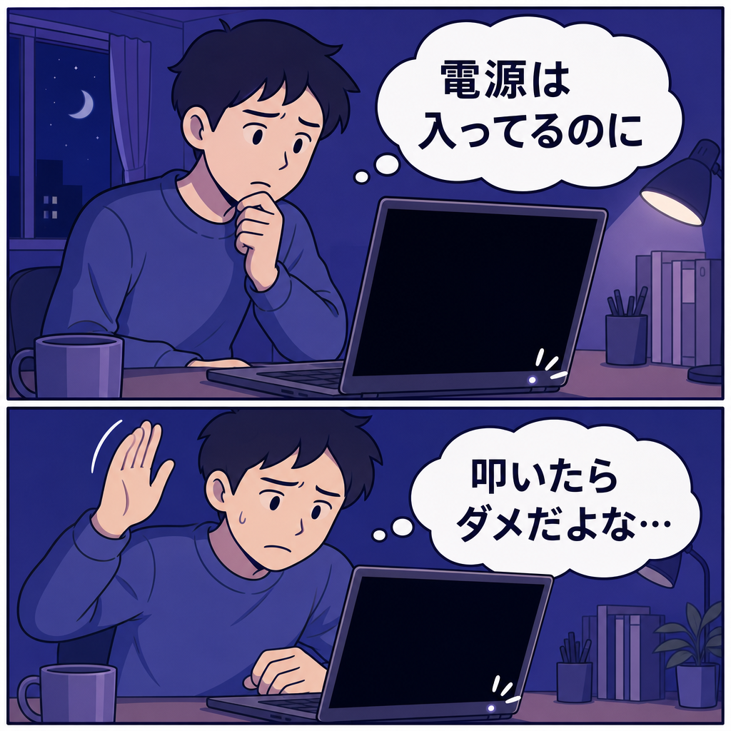 ノートパソコンの画面が映らず困っている様子