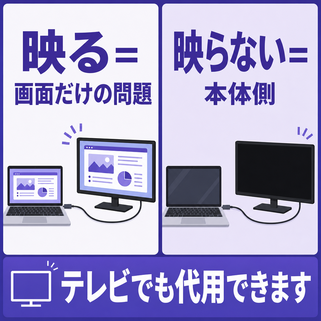外部モニタにつないで画面側か本体側かを切り分ける図解