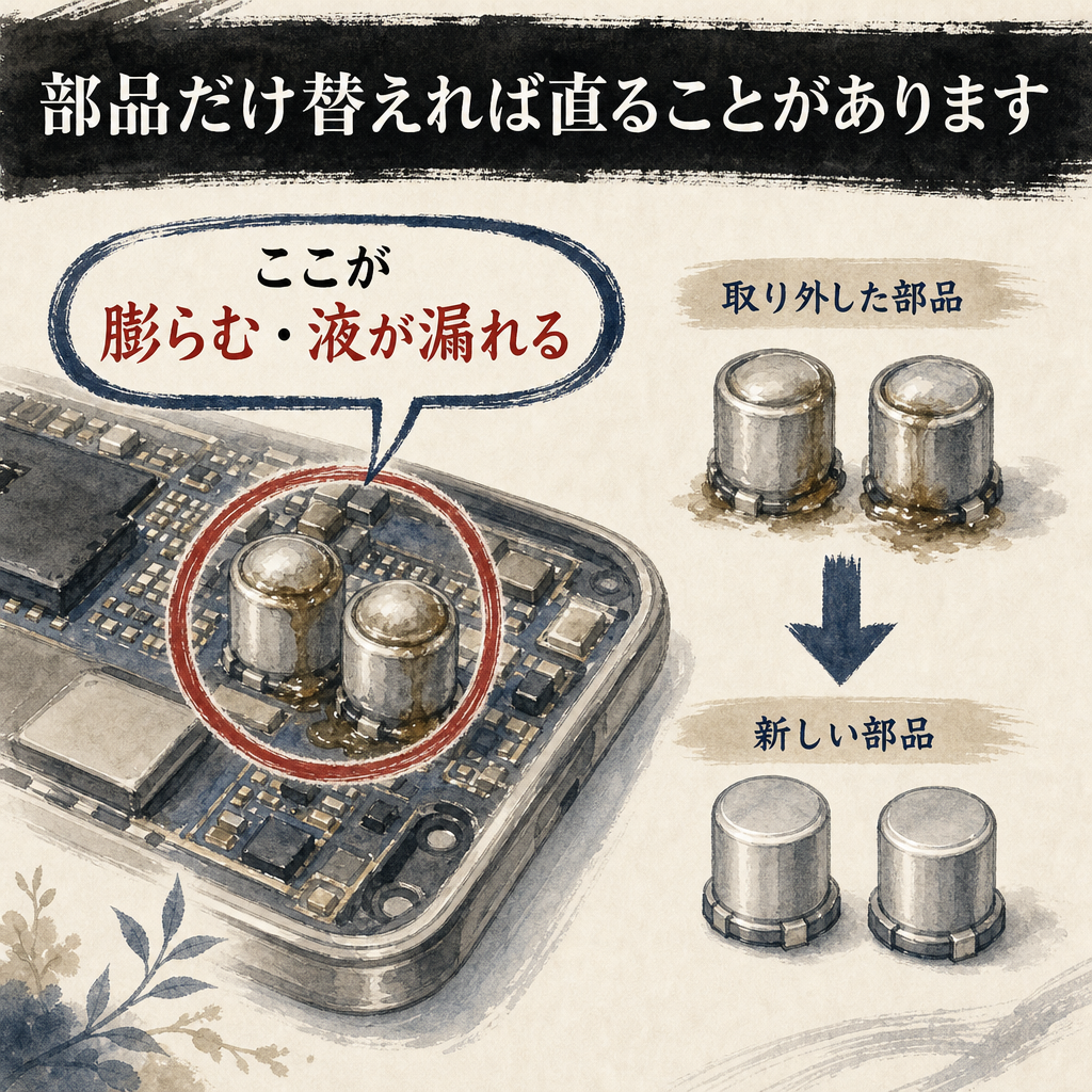 家電の基板でよく壊れる電源部の部品の図解