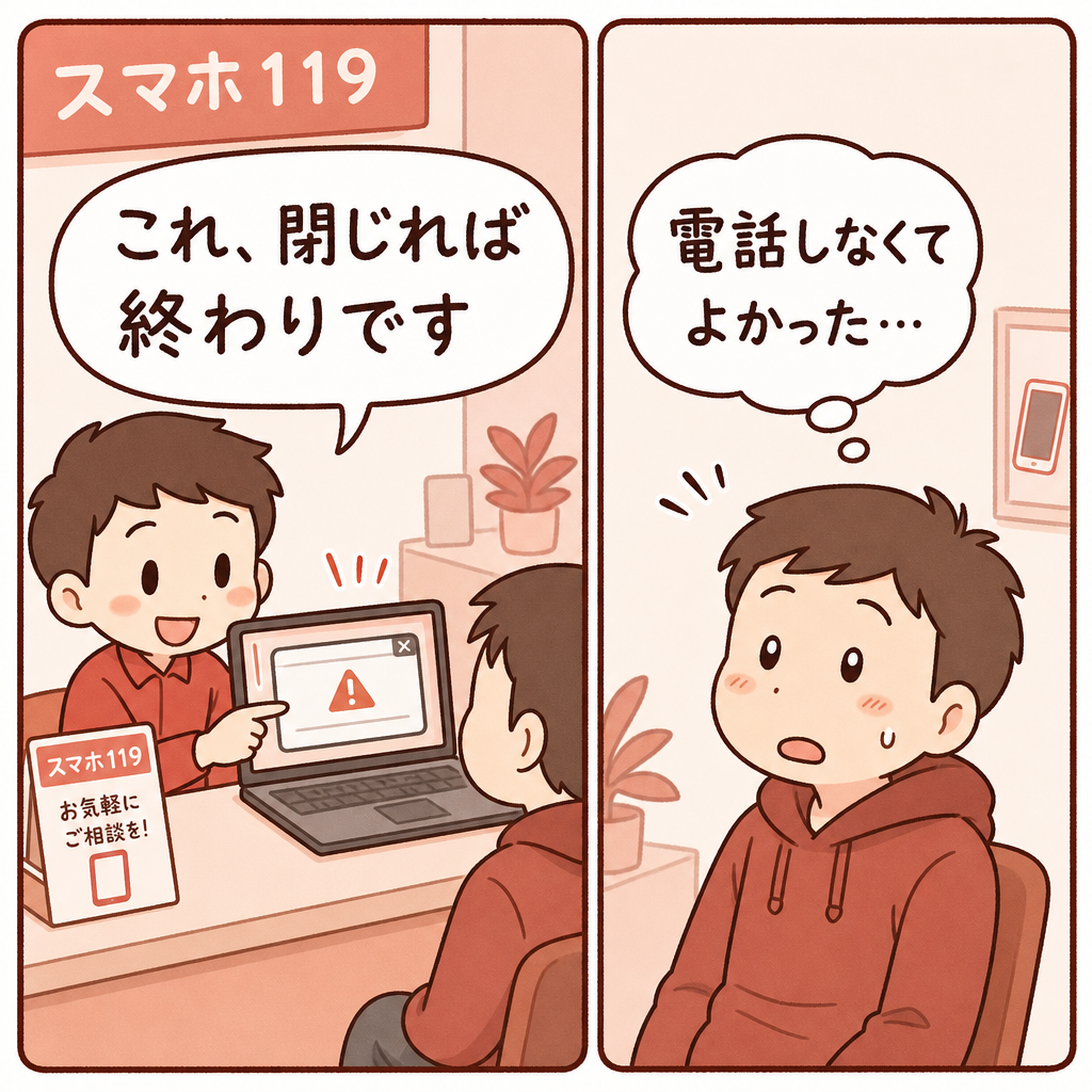 沖縄のスマホ119で偽警告の対処を教える様子