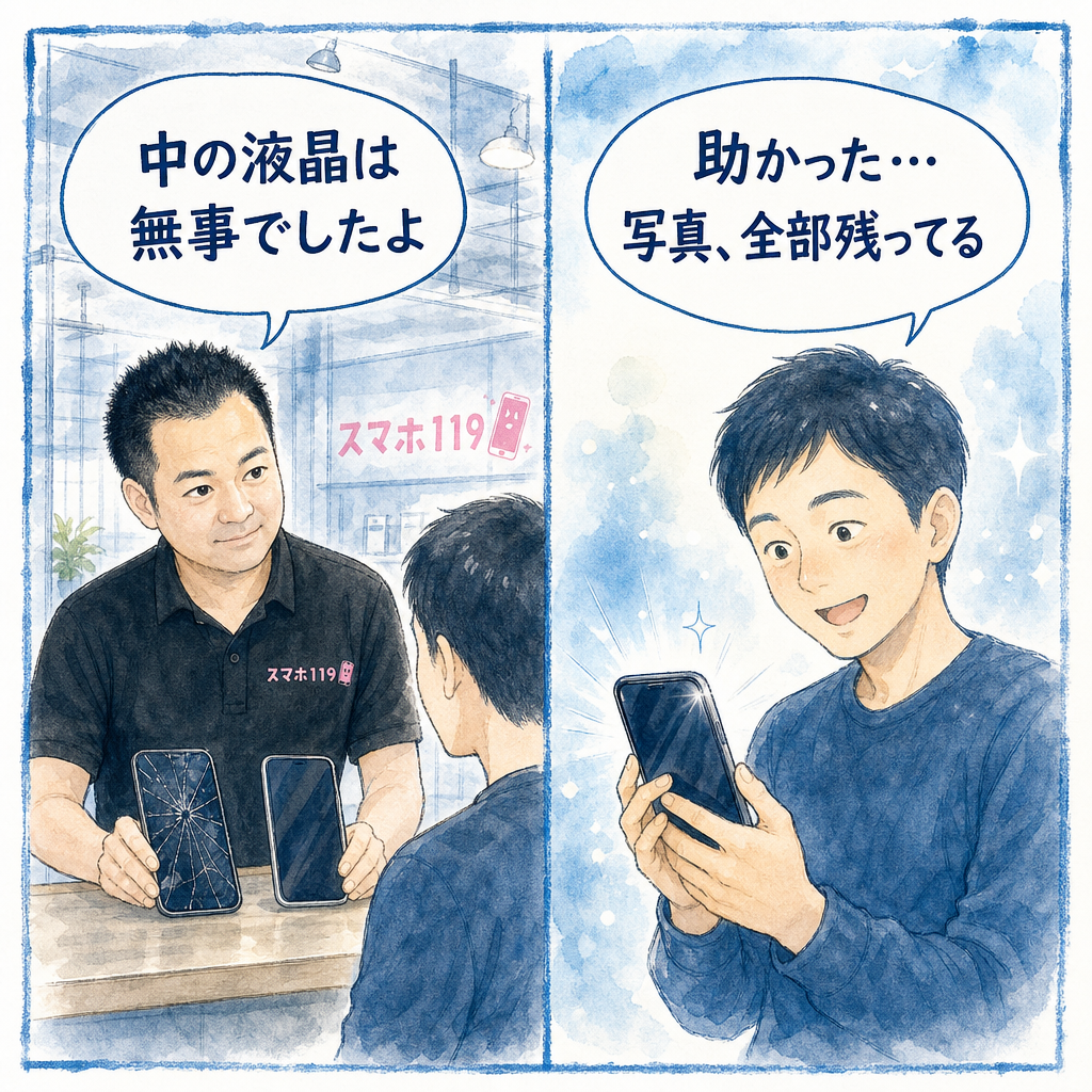 西原町のスマホ119西原店で画面交換を終えて安心するお客様