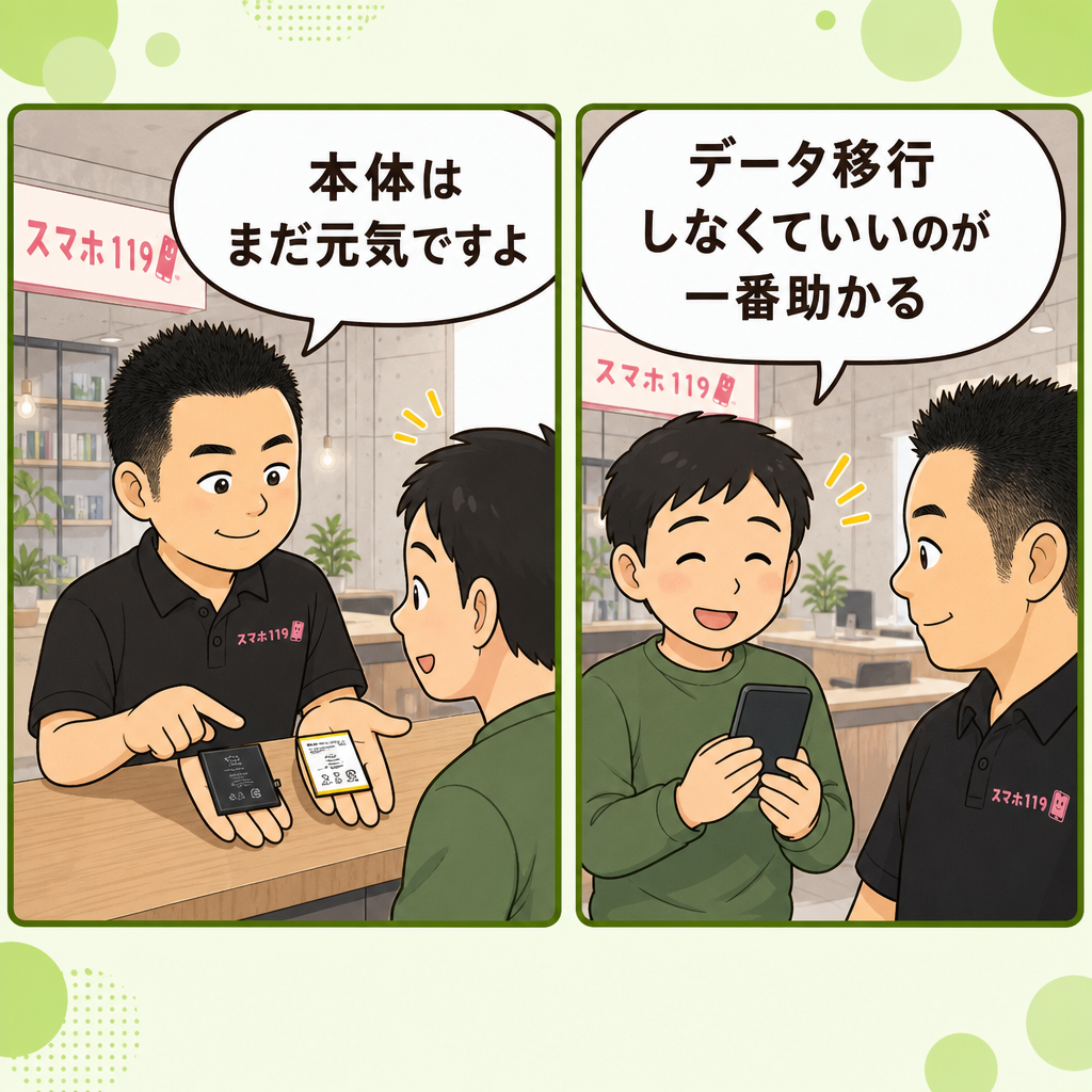 西原町のスマホ119西原店で電池交換をして買い替えずに済んだ様子