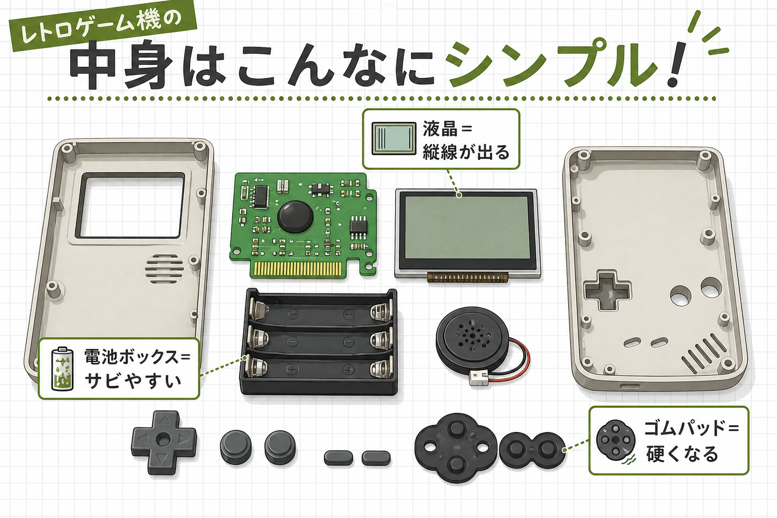 初代ゲームボーイの内部構造と故障しやすい箇所の図解