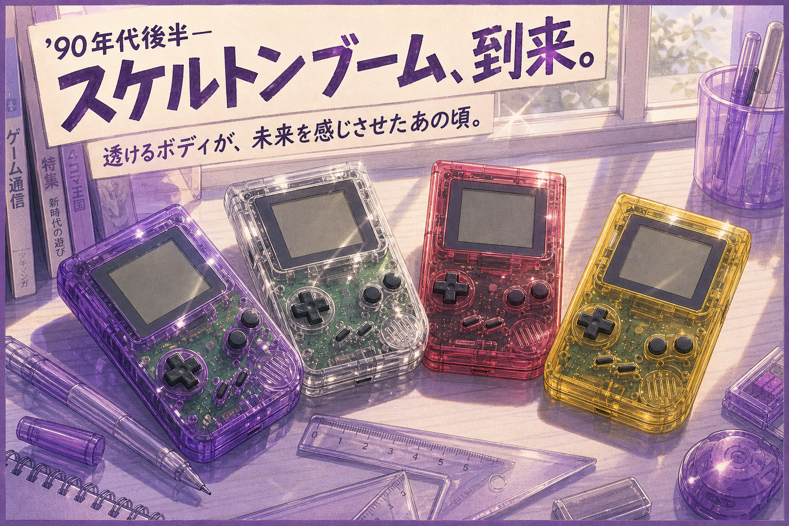1990年代後半に流行した半透明スケルトンの携帯ゲーム機のイラスト