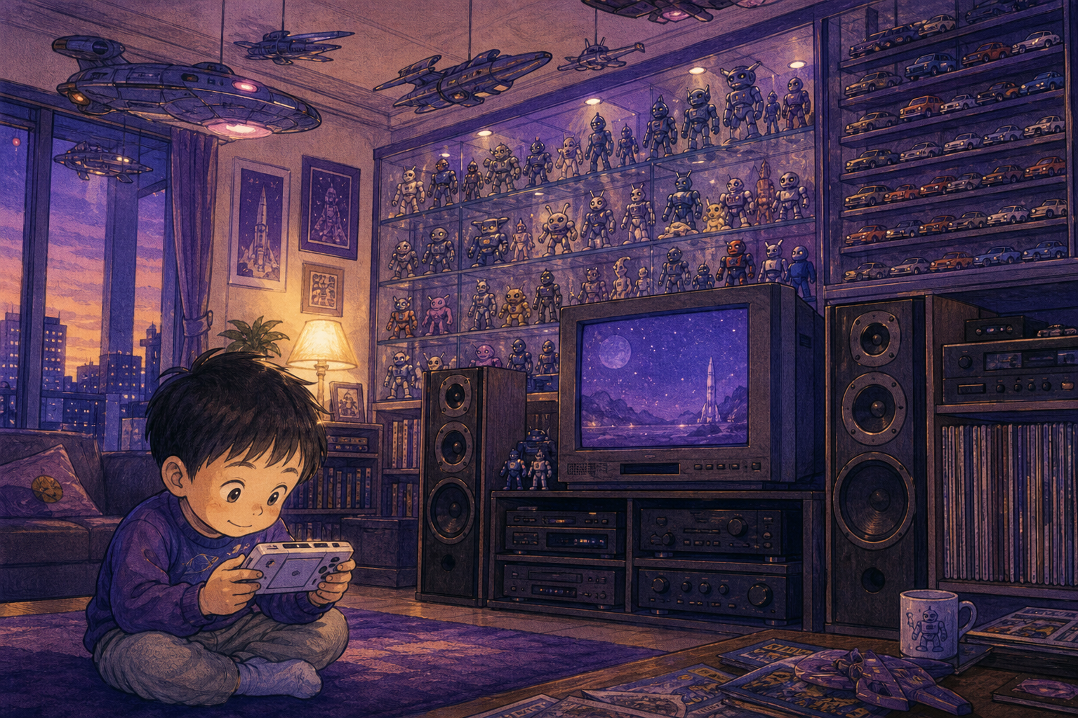 機械やSF映画のグッズに囲まれた2000年代初頭のリビングのイラスト