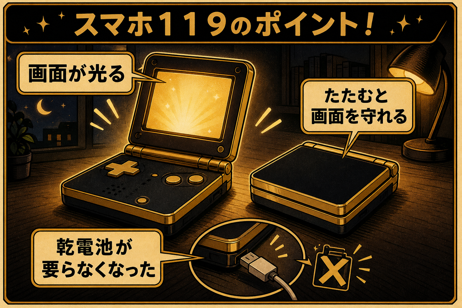 折りたたみ式になって画面が守られ、充電池が内蔵されたことを示すイラスト