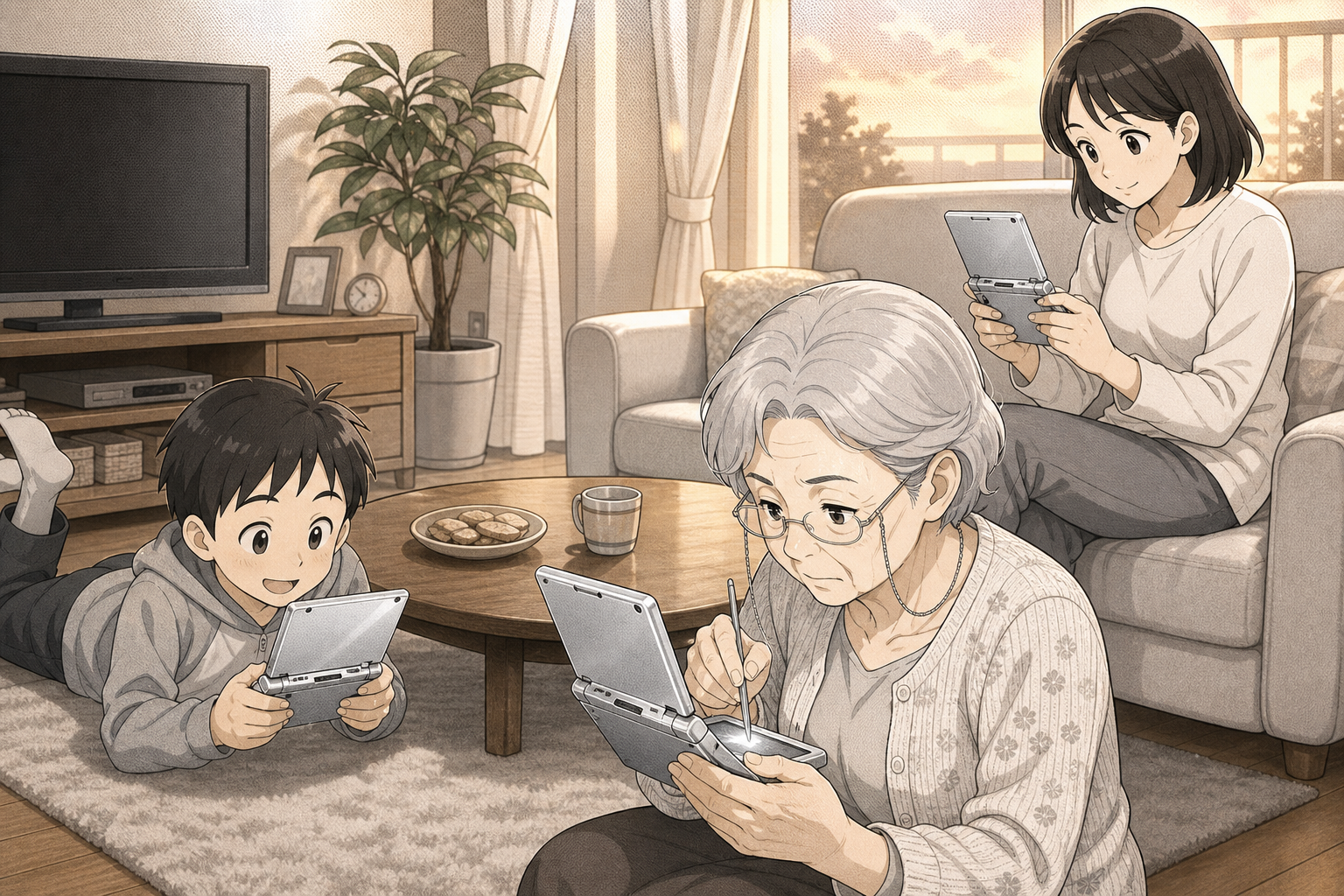 2005年ごろ、家族みんなが2画面ゲーム機で遊んでいる様子のイラスト