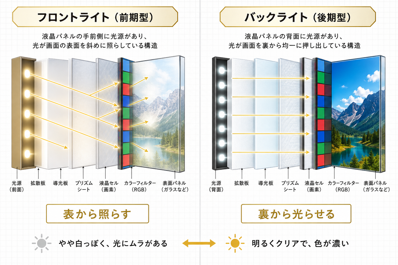 フロントライトとバックライトの光り方の違いを示す図解