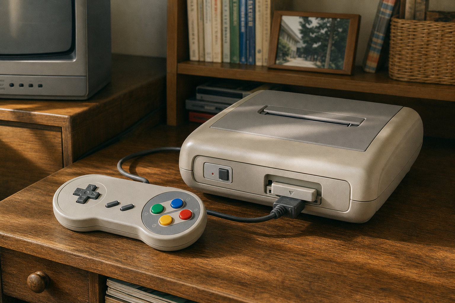 1990年代初頭の据置ゲーム機とカラフルなボタンのコントローラーのイラスト