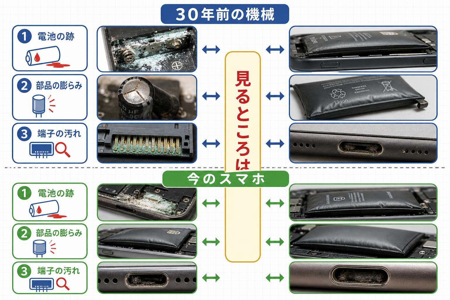 レトロゲーム機の点検3項目が今のスマホの点検と同じであることの図解